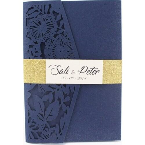 Perfect wedding congratulations card with glittery belly band RSVP postcard tri-folded pocket country laser cut invitation set