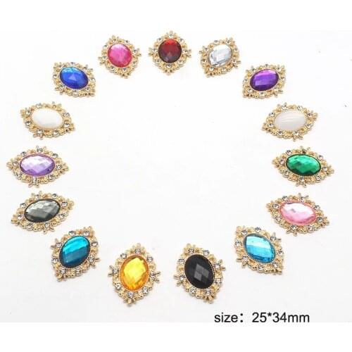 Exquisite 10Pcs/Lot 34*25MM Metal Flat Back Alloy Buttons, Acrylic Embellishment Crafts DIY Scrapbook Handmade Decoration