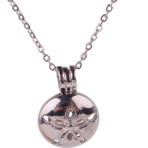 K1636 Dull Silver copper round flower Bead Pearl Cage Aroma Essential Oil Diffuser Locket Necklace with stainless steel chain