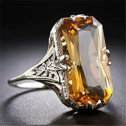Citrine gemstone yellow crystal rings for women vintage carving white silver color indian jewelry party gifts fashion accessory