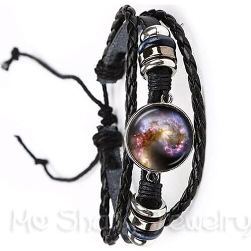 Galaxy Nebula Leather Bracelet Glass Cabochon Solar System Glass Dome Planet Universe Black/Brown Weave Charm Bangle Gift