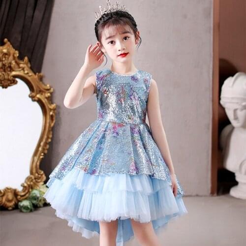 Summer Dress For Girls Princess Blue Vest Tuxedo Childrens Dress Sequin Mesh Piano Performance Dress Girl Traces Of Summer