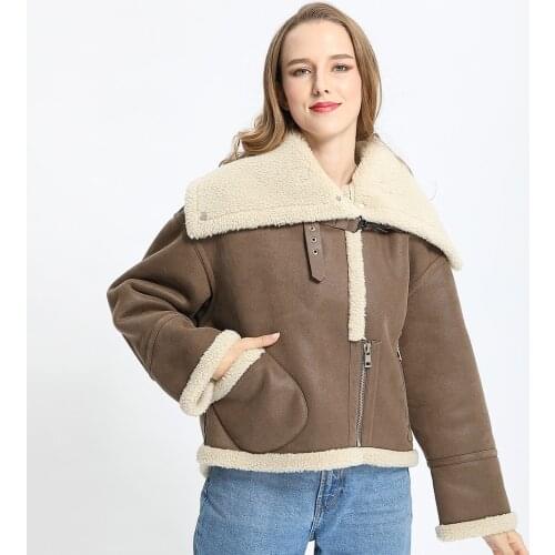Motocrycle Sheepskin Fur Coat Winter Suede Leather Boomber Autumn Clothes Warm Soft Wool Jacket