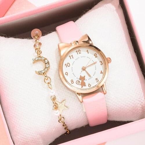 Fashion Kids Leather Strap Quartz Watch Children Set Bracelet Watch Student for Girls clock Kids Watch Cute Cat Gold Dial Watch