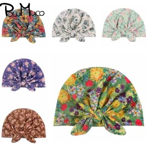 Powmuco 19*17 CM Vintage Printed Baby Girls Hats Cute Bunny Ears Infant Caps Indian Flower Bonnet Kids Headwear Accessories