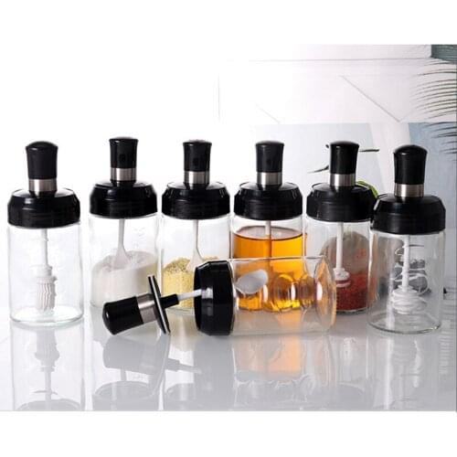 Transparent Kitchen Supplies Glass Spice Jar For Salt Sugar Pepper Powder With Spoon Plastic Seasoning Bottle Salt Storage Box