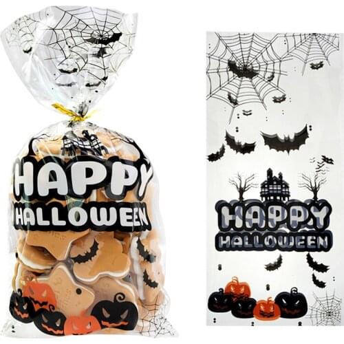 50pcs Hallwoeen Pumpkin Skull Cat Candy Bag Transparent Cellophane Food Plastic Package Bags Halloween Party Decor Gift Bag