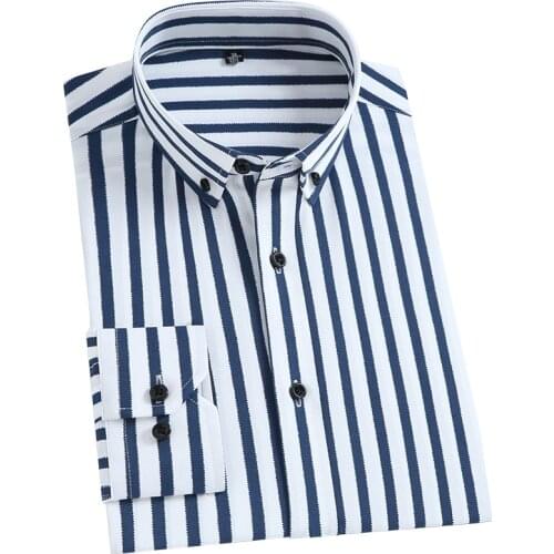 Long Sleeve Mens Striped Shirts Stretch Fabric well Fit Male dress Shirts Elastic Comfortable 2020 Pocketless casual Quality