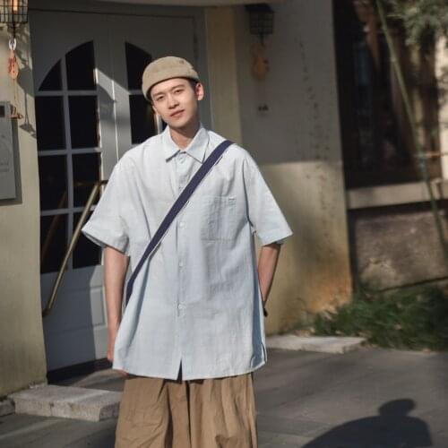 Mens summer relaxed Korean fashion casual youth half sleeve shirt Cotton solid chemise homme