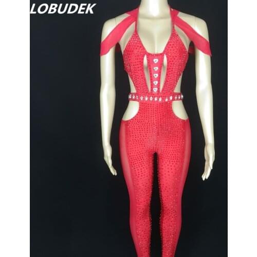 Sexy Hollow Backless Red Rhinestones Jumpsuit Women Singer Dancer Stage Wear Bar Club Party Birthday Celebrate Crystals Costume