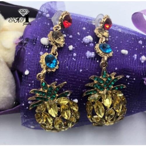 YaYi Jewelry Multi Glass Pineapple Dangle Women Ancient Gold Color Wear Ear Band Tassel Wedding Stud Drop Hoop Clip Earrings