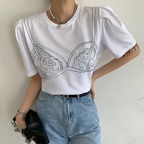 Print Korean Fashion Puff Sleeve T Shirt For Women Round Collar Loose Casual T Shirts Female New Clothing 2021 Summer X718