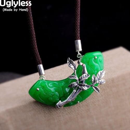Uglyless Natural Hte Long Sein Jade Emerald Necklaces for Women Ethnic Thai Silver Leaves Pendants + Rope Chain 925 Silver Jewel