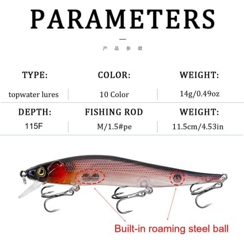 1PCS 115F Hook Minnow Wobblers Fishing Lure Super Long Throwing Floating Hard Bait 11.5cm/14g Flatfish Perch Saltwater Fish