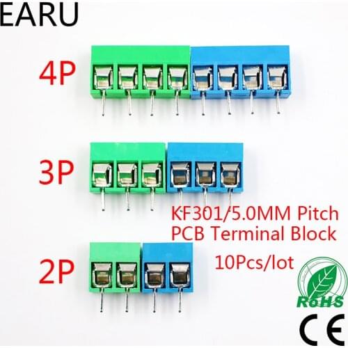 10Pcs/lot KF301-5.0-2P KF301-3P KF301-4P Pitch 5.0mm Straight Pin 2P 3P 4P Screw PCB Terminal Block Connector Blue Green