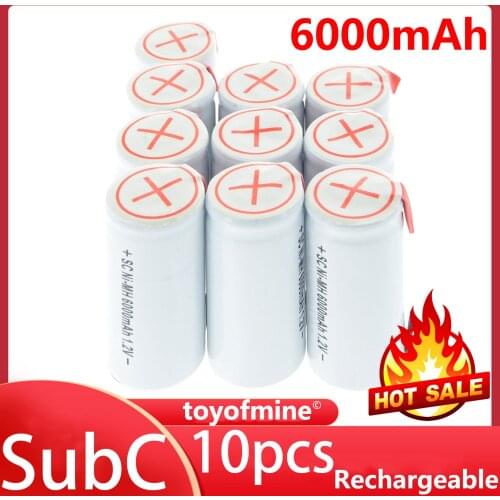 10pcs Sub C Ni-MH 6000mAh 1.2V SubC Rechargeable Battery With Tab White Color