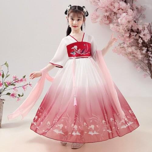 Children Long Wedding Evening Dress Girls Embroidery Han Fu Princess Birthday Party Traditional Chinese Kids Cosplay Dresses