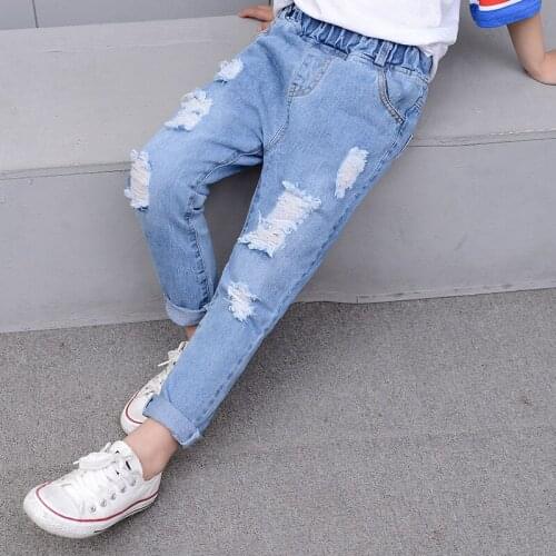 Casual Boys Jeans Solid Elastic Waist Long Kids Pants New Fashion Loose Holes Boys Denim Trousers for 6 8 10 12 Years Children