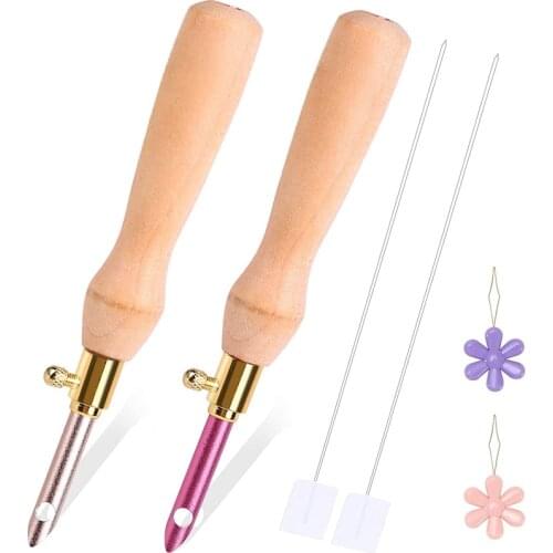 KAOBUY 2 Pcs Wooden Handle Embroidery Pens Sewing Punch Needle Weaving Tools DIY Felting Threader Craft Stitching Sewing Tools