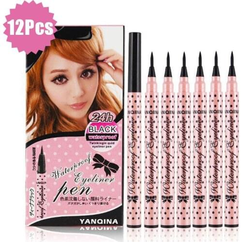1 Box 12Pcs Long-Lasting Black Eyeliner Pen Big Eyes Waterproof Liquid Eye Liner Pencil Makeup Cosmetics Smooth Drawing Tool