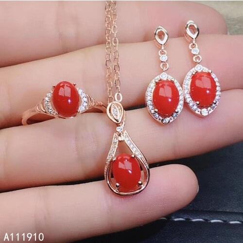KJJEAXCMY fine jewelry 925 sterling silver inlaid Natural Red Coral Necklace Ring Earring Suit Support Detection noble