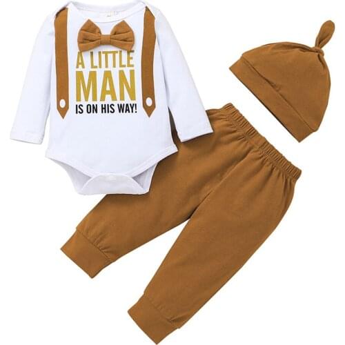 Newborn Infant Baby Boys Outfits Little Men Letter Printed Romper Hat 3Pcs Set Toddler Clothes Bodysuit Pants Leggings Set 0-24M