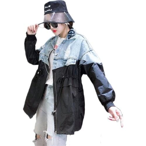 Harajuku Hole Denim Patchwork Jacket Women 2019 Autumn Coat Letter Lapel Loose Drawstring Windbreaker Fashion Outerwear f579
