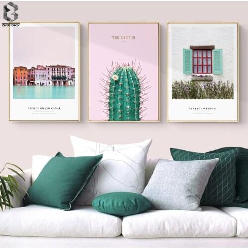 Sweet Town Nordic Canvas Painting Wall Art Posters and Prints Landscape Wall Picture for Living Room Pink Girls Room Decor