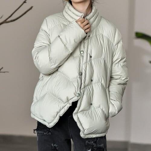 Trendy Winter Jacket Stand Collar Single Breasted Loose Thick Warm White Duck Down Coat Black Windproof Long Sleeve Outwear
