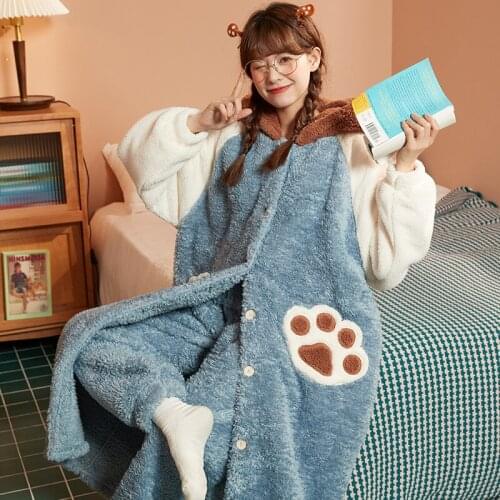 New Winter Pajamas Coral Fleece Plus Size Women Sleepwear Plush Nightdress Pyjama Bottoms Cartoon Loose Version Inspissate