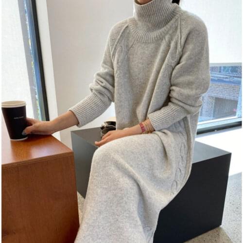 Autumn Winter Women Thicken Pullover Sweater Dress Elegant Casual Turtleneck Loose Plus Size Warm Fashion Long Knit Dresses