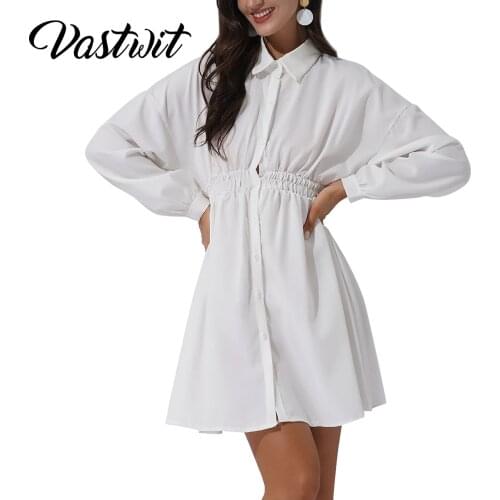 Women Long Sleeve Mini Shirts Dress Fashion Office Lady V-Neck High Waist White Black Defined Waist Shirt Tunic Dress