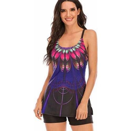 Plus Size Two Piece Swimsuit Peacock Print Tankini Retro Bathing Suit Bandage Swimwear Sport Tankini Swimsuits Women 2021 New