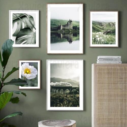 Scotland Train Green Plants White Flower Landscape Retro Poster Vintage Art Canvas Painting Above Picture Home Decor Living Room