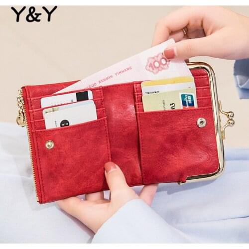 Y&Y Leather Women Short Wallet Female Clip Coin Purse Retro Multifunctional Folding Wallet Card Bag Designer Mini Card Holder