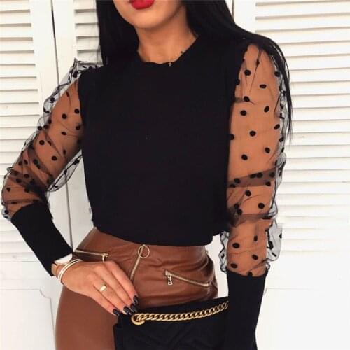 Womens Tops and Blouses Ladies Puff Mesh Long Sleeve Loose OL Shirt Elegant Dames Polka Dot blusa feminina Streetwear