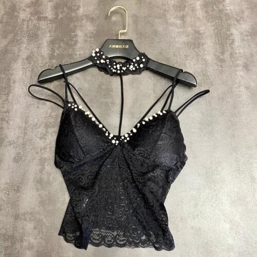 Pearls Lace Camisole Women Sexy Crop Top Lace Mesh Transparent Tank Top Backless Skinny Elastics V-Neck 2021 Summer Corset White