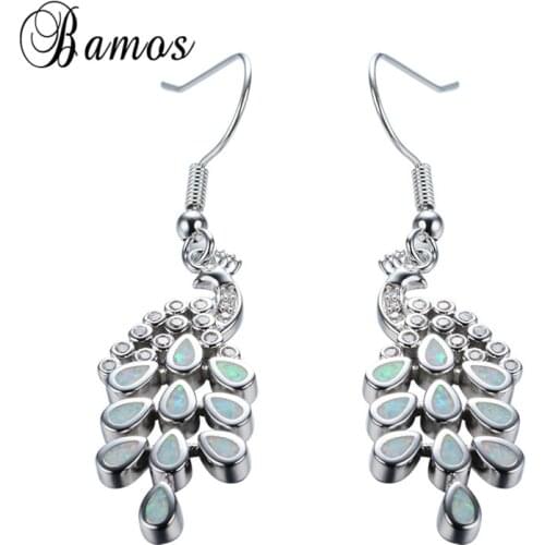 Bamos High Quality Unique Geometric White Fire Opal Peacock Drop Earrings For Women Silver Color Animal Jewelry