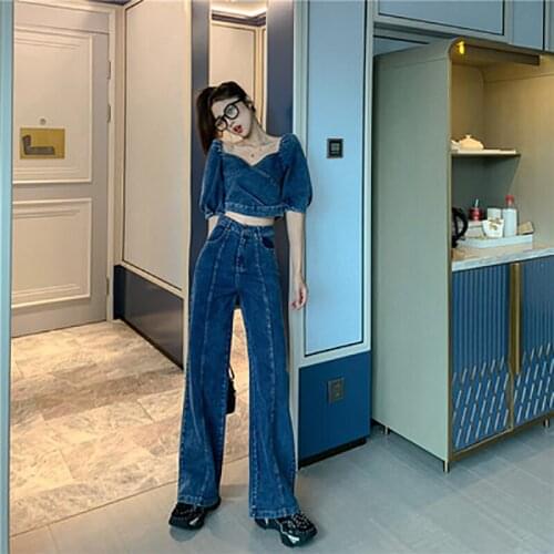 Denim Suit 2020 New Womens Summer Personality Short Blazer High-waisted Wide-leg PLLants Fashion Two-piece Set Personality