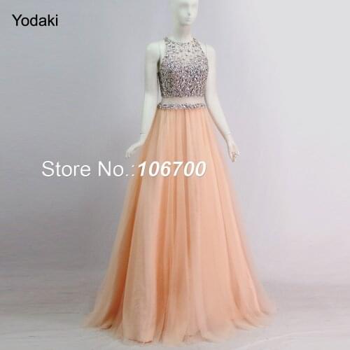 2018 Two Pieces Ballgown Prom Dresses Hand Make Crystal Beading O Neck Off the Shoulder Sheer Illusion Party Tulle Evening Gowns