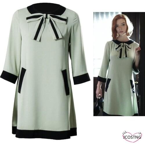 The Queens Gambit Beth Harmon Costume Dress Long Sleeve Green and Pink Dress for Women Slim Vestido Halloween Christmas Party