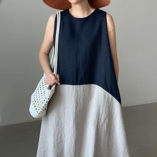 Korean Chic Summer Niche Temperament Round Neck Contrast Stitching Design Loose and Versatile Sleeveless Big Swing Dress