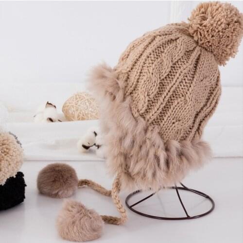 Winter Hats for Women Bomber Hats Pompom Rabbit Fur Plush Lining Double Layer Thick Warm Bonnets for Women Patchwork Knitted
