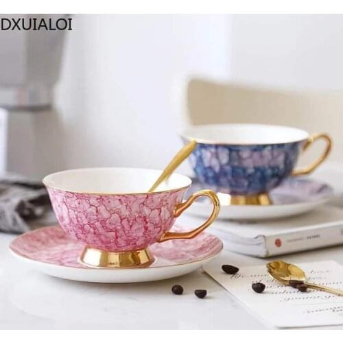 European style gold ceramic cup with hand-painted bone china tea cup creative gift cup black tea coffee cup saucer spoon 300ML