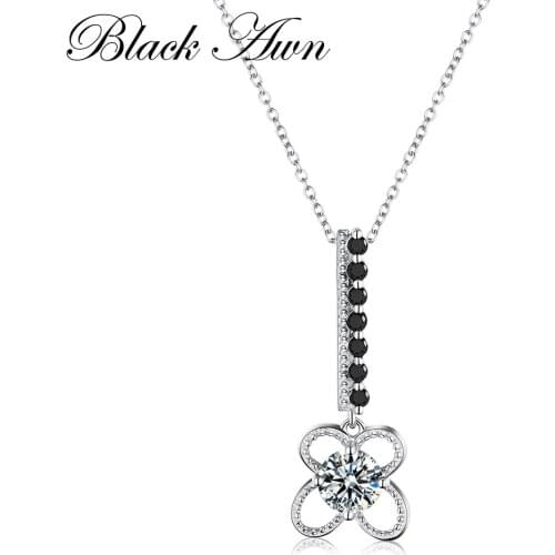 2021 New Black&White Stone Bijoux Necklaces Pendants 925 Sterling Silver Fine Jewelry Four Leaf Flowers Necklace Women P032