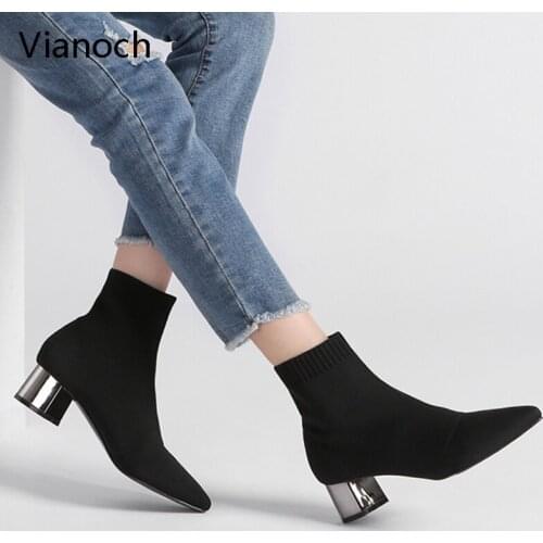 2019 New Fashion Women Sock Ankle Boots Strechy Fabric High Heels Knitted Shoes Woman wo19080