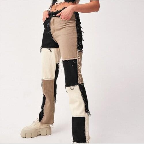 Streetwear Thrift Patchwork Block Color Long Trousers Women High Waist Street Wear Ripped Tassel Jeans Casual Denim Pants