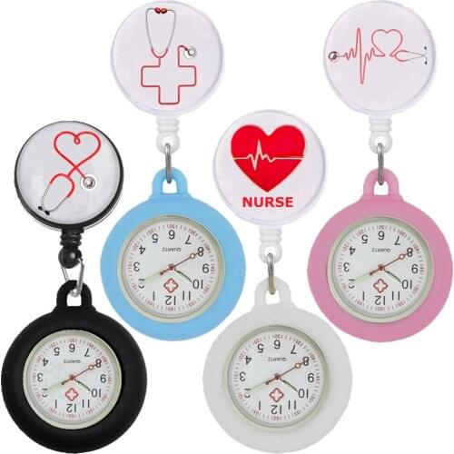 Nurse doctor Stethoscope heart women ladies female cartoon pocket watches Retractable Reel ID Badge Glass Cabochon gift watches