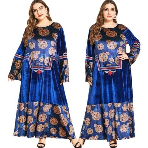 Dubai Velvet Printed Long Dress Ethnic Abaya Turkish Middle East Muslim Embroidery Maxi Robe Gown For Women Arab O-neck Fashion