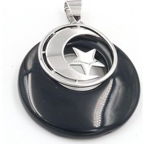 FYSL Silver Plated Moon and Stat Round Hollow Unakite Stone Pendant Black Agates Charm Jewelry
